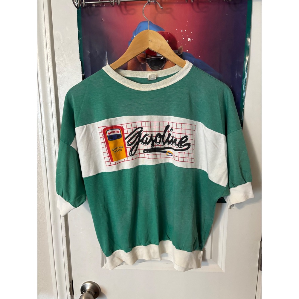 Vintage Gasoline Shirts Graphic Top Green White Retro Made in USA 70s